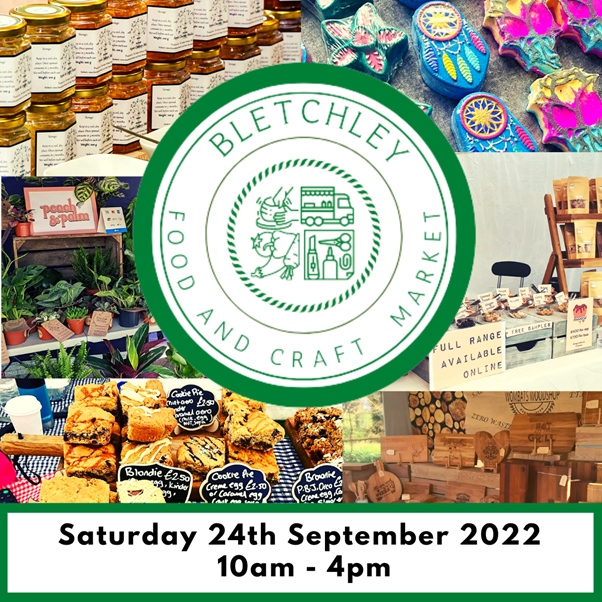 Image of Bletchley Food and Craft Market logo with images of market stalls in the background