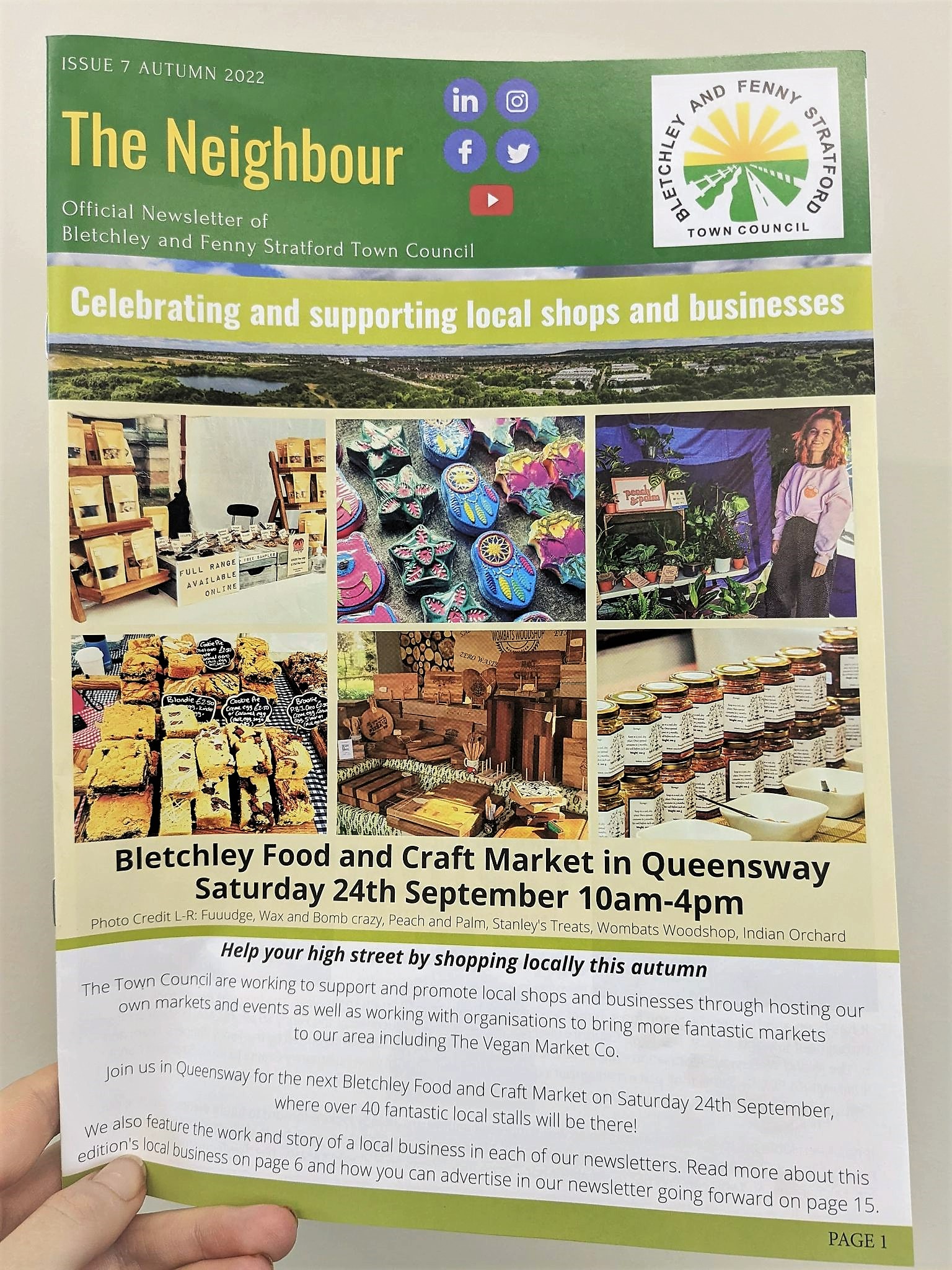 Photo of front page of September newsletter highlighting Bletchley Food and Craft Market.