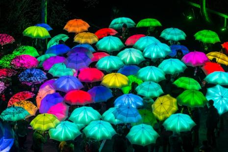 Photo of multicoloured illuminated umbrellas