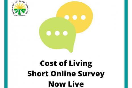 Image of cost of living survey poster with two speech bubbles and the town council's logo